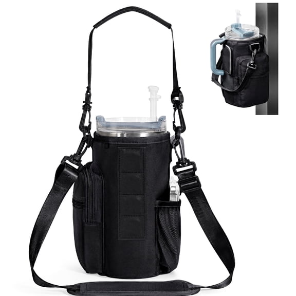 Magnetic Gym Water Bottle Bag for Men | 30/40oz Crossbody Water Bottle Holder|Lightweight Sling Water Bottle Carrier Fits Handled Tumbler with Phone Pocket, Adjustable Strap, Insulated Lining(Black)