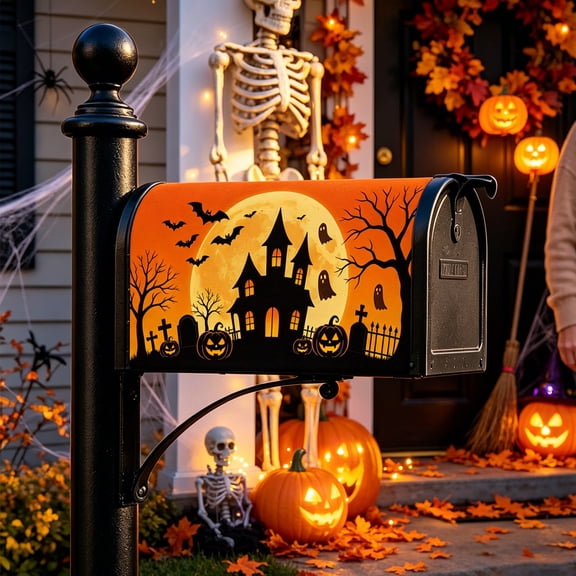 Magnetic Halloween Mailbox Cover, Haunted House Pumpkin Ghost Mailbox Wrap, Waterproof Outdoor Yard Decor, Spooky Fall Mailbox Sleeve, Holiday Front Porch Decoration