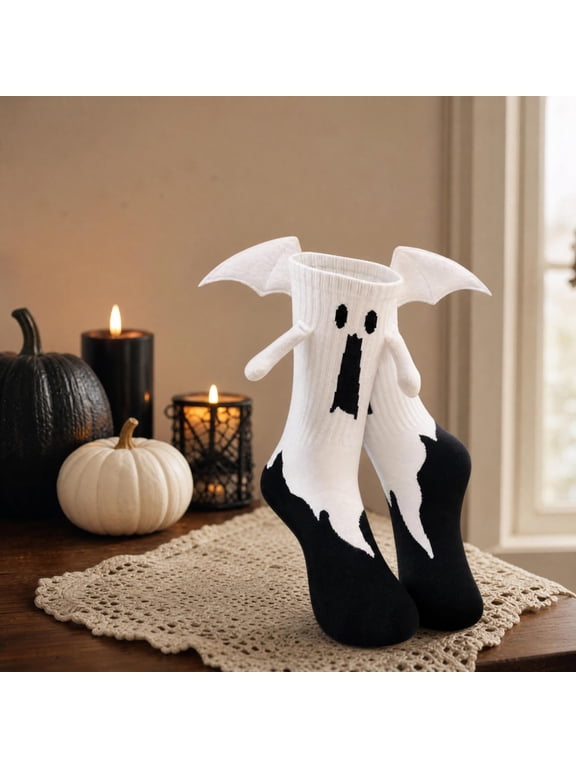 Magnetic Hand Holding Socks 11 in Halloween Ghost Devil Mid Calf Cotton Socks Breathable Stretchy Novelty Socks for Couples Friends Party Costume Gift Idea