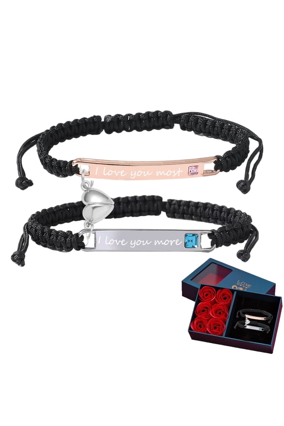 Magnetic Heart Charm Couple Bracelets with Rose Gift Box,Always and Forever Matching Bracelets for Couples,Adjustable Engraving Couple Bracelet Jewelry for Valentine's Day Birthday(1Pair-B)