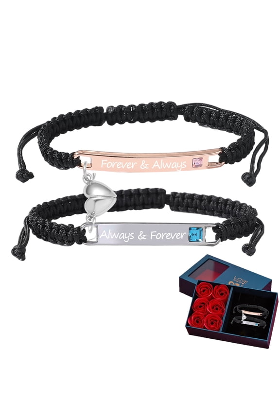 Magnetic Heart Charm Couple Bracelets with Rose Gift Box,Always and Forever Matching Bracelets for Couples,Adjustable Engraving Couple Bracelet Jewelry for Valentine's Day Birthday(1Pair-A)