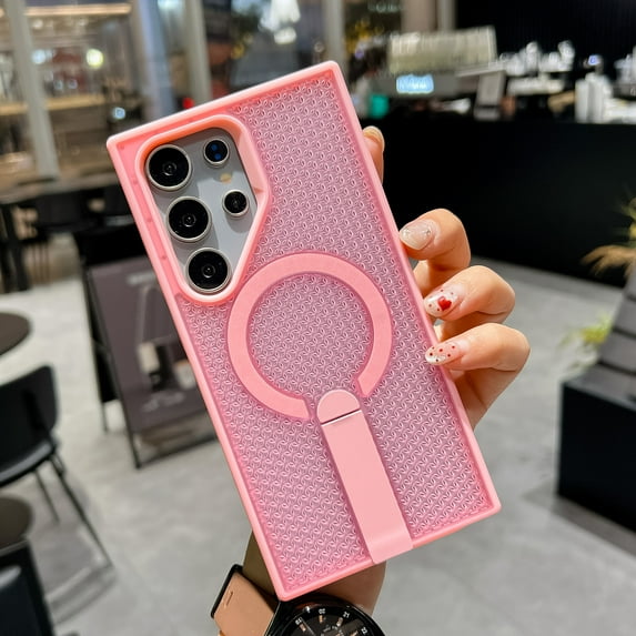 Magnetic Heat Dissipation Case for Samsung Galaxy S25 Ultra, Compatible with Magsafe, Drop Protection, Adjustable Kickstand Case, Armor Cool Matte Acrylic TPU Material for S25 Ultra - Pink
