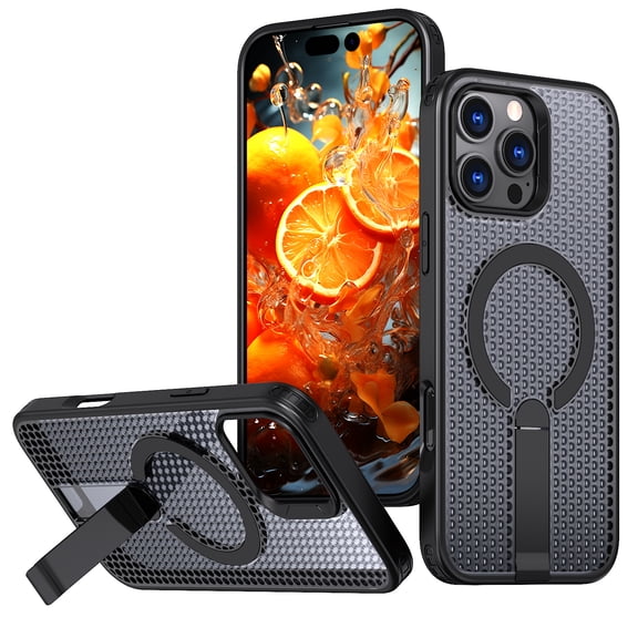 Magnetic Heat Dissipation Case for iPhone 16, Compatible with Magsafe, Drop Protection, Adjustable Kickstand Case, Armor Cool Matte Acrylic TPU Material for iPhone 16 - Black