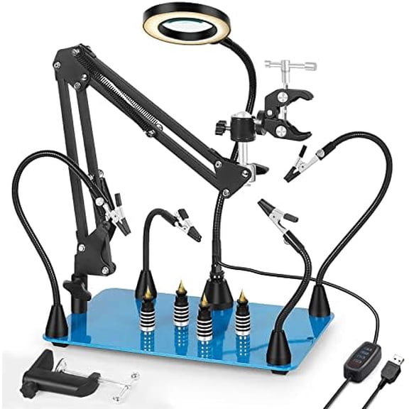 Magnetic Helping Hands Soldering Clamp 2-in-1 Third Hand Work Station w/Magic Arm,PCB Solder Arms Tools,360 Hot Air Gun Holder,3X Magnifier Lamp for Electronics Welding Repair
