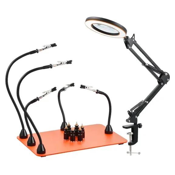 Magnetic Helping Hands Soldering Station, 2-In-1 Third Hand Soldering Tool - 3X LED Magnifying Lamp & 5 Flexible Arms, 6 PCB Holders, Heavy-Duty Base Station for Electronic Repair Craft Hobby