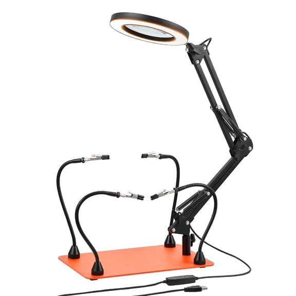 Magnetic Helping Hands Soldering Station with 3X LED Magnifying Lamp and 4 Adjustable Gooseneck Arms, Heavy-Duty Steel Base, Flicker-Free Brightness with 5 Color Temperatures for Electronics
