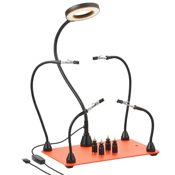 Magnetic Helping Hands Soldering Station, 4 Flexible Arms Third Hand Soldering Tool, with 3X LED Magnifying Lamp, 4 PCB Pillar Holder & Heavy-Duty Base, Electronic Repair Craft Hobby DIY