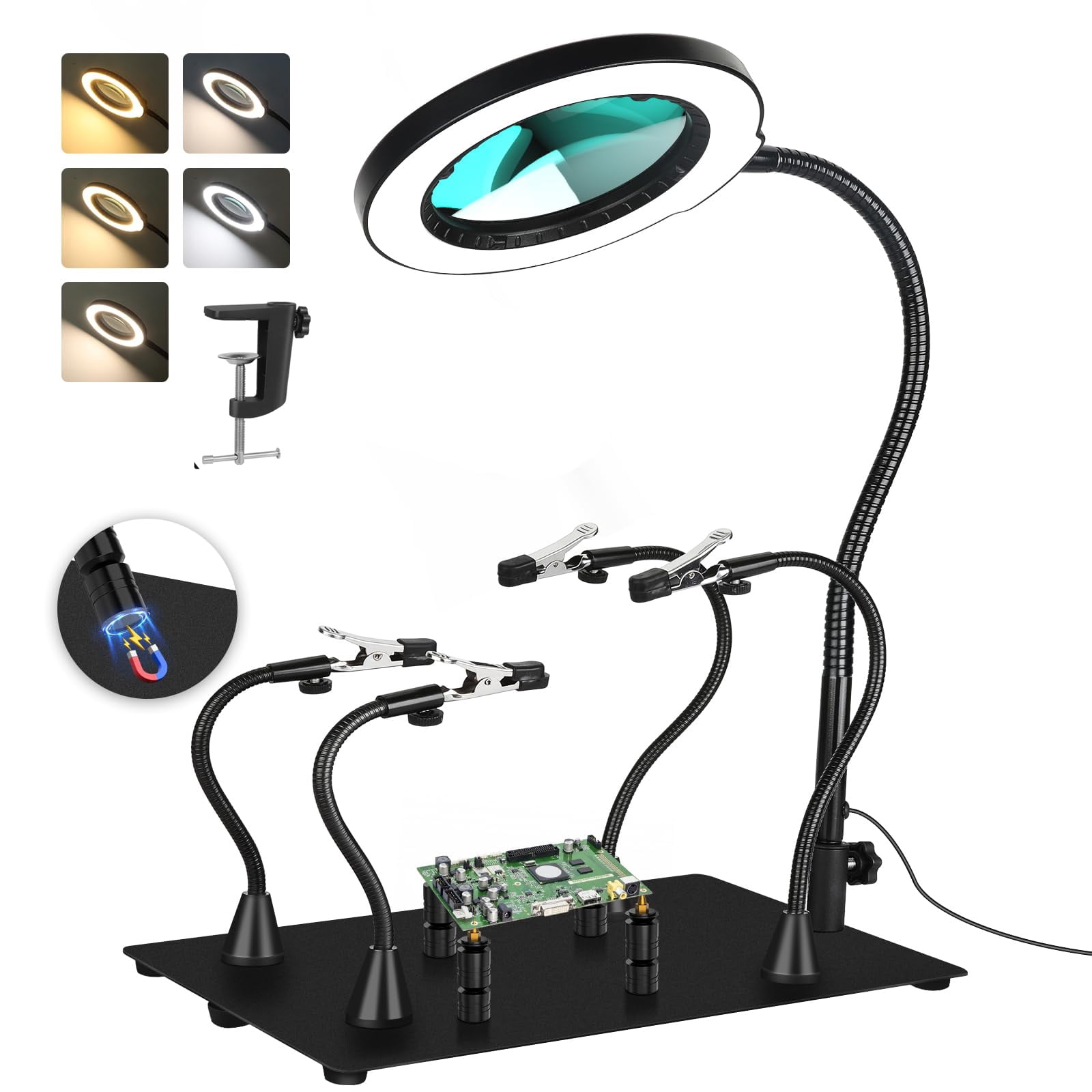 Magnetic Helping Hands Soldering Station, Magnifying Lamp Large Base Third Hand Jewelry Tool Hands Free Magnifier Weighted Base with 4 Magnetic Pillar Crafts Making Electronic Hobby