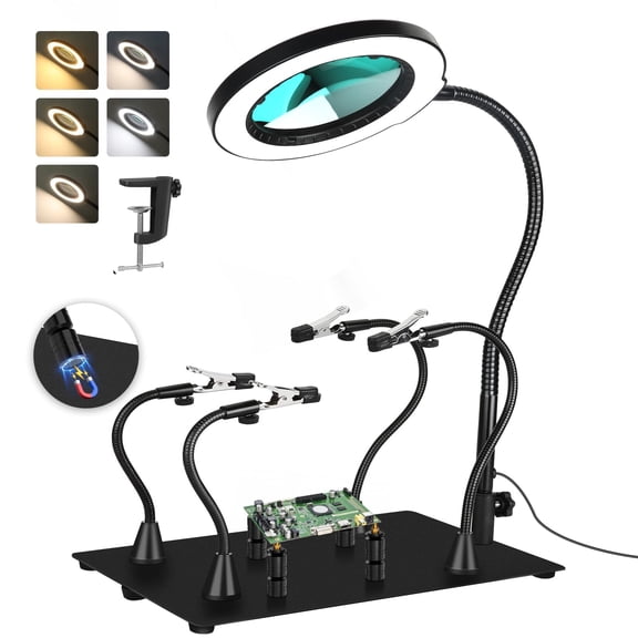Magnetic Helping Hands Soldering Station, Magnifying Lamp Large Base Third Hand Jewelry Tool Hands Free Magnifier Weighted Base with 4 Magnetic Pillar Crafts Making Electronic Hobby