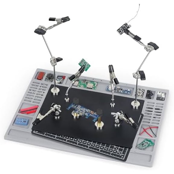 Magnetic Helping Hands Soldering Station for PCB Repair, Large Base with Heat-Resistant Mat, 6 Flexible Arms, 2 Magnetic Posts Professional Third Hand Tool for Electronics & DIY