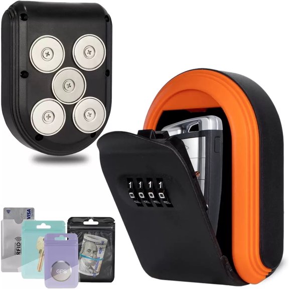 Magnetic Hidden Key Lock Box with 5 Strong Magnets, Resettable Combination Code Safe Box, Anti-Drop Key Storage Holder for Car, Truck & Outdoor Use, (orange)