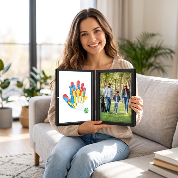 Magnetic Hinged Double-Sided Handprint Photo Frame DIY Craft Kit, Complete Acrylic Paint Set Custom Family Couple Memory Keepsake Decor Gift,D