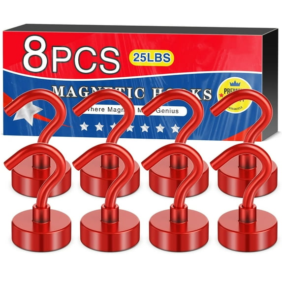 Magnetic Hooks, 25 lbs Magnetic Hooks, Magnetic Hooks for Cruise Cabins, Magnetic Metal Hooks for Refrigerator, Classroom, Kitchen, Home (Red, 8 Pack)