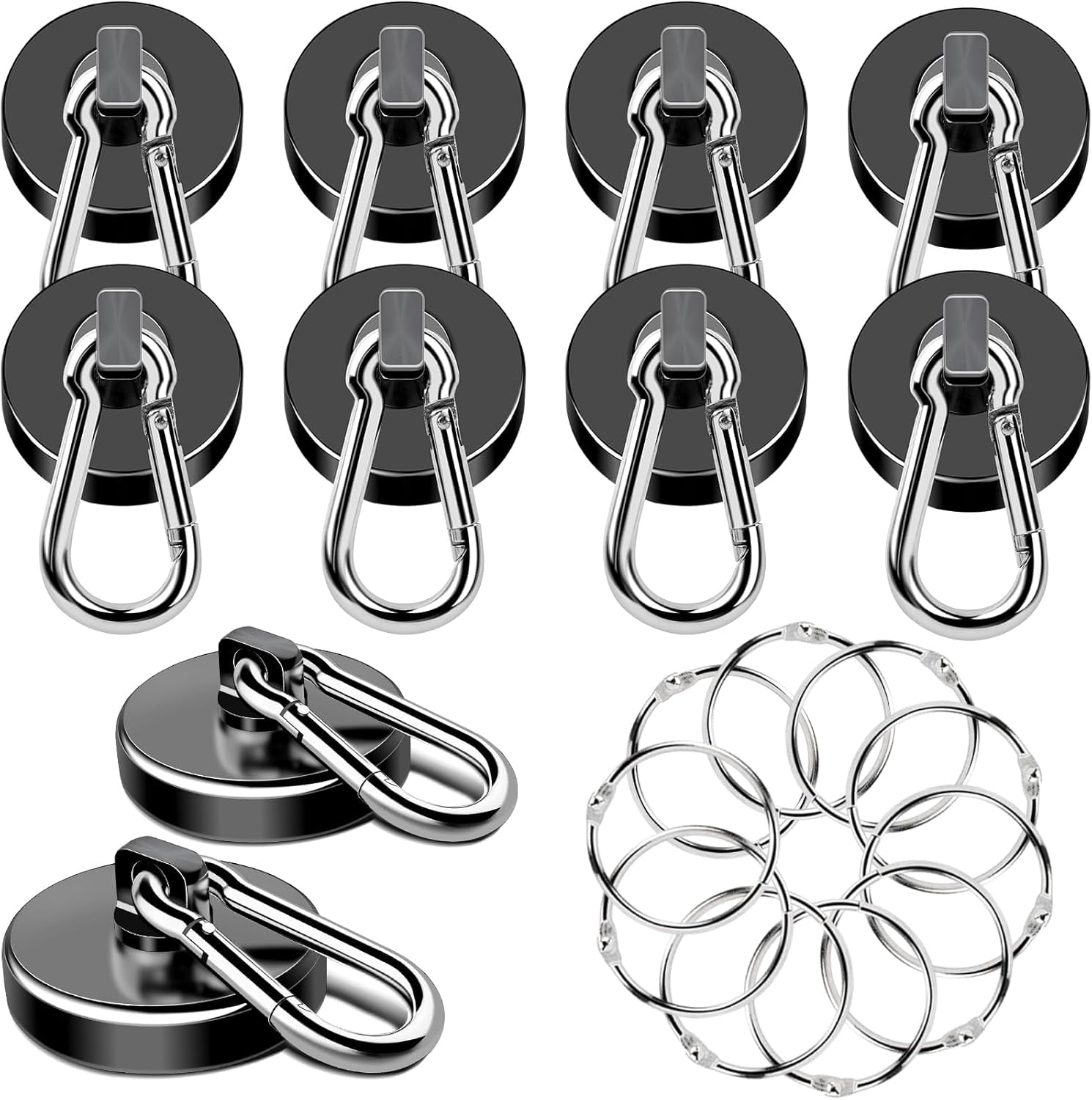 Magnetic Hooks Heavy Duty, 110LBS+ Strong Neodymium Magnets with Swivel Carabiner Hook, Black Magnetic Hangers Magnet Hooks for Locker, Home, Cruise Cabin, Office - 10 Pack