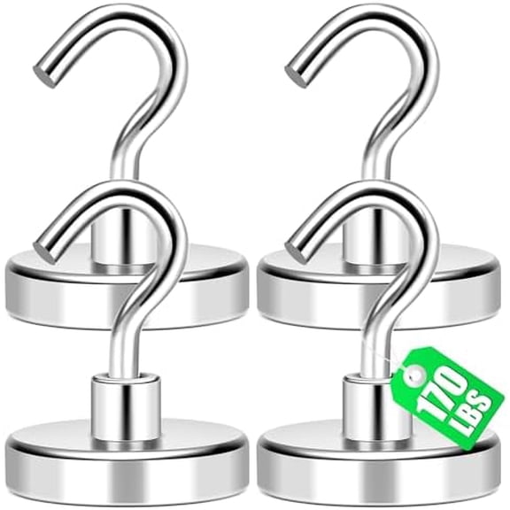 Magnetic Hooks Heavy Duty, 170Lbs+ Super Strong Magnet Hooks for Cruise Essentials, Neodymium Earth Magnets with Hook for Hanging, Magnetic Hanger for Fridge, Toolbox, Storage - 4 Pack