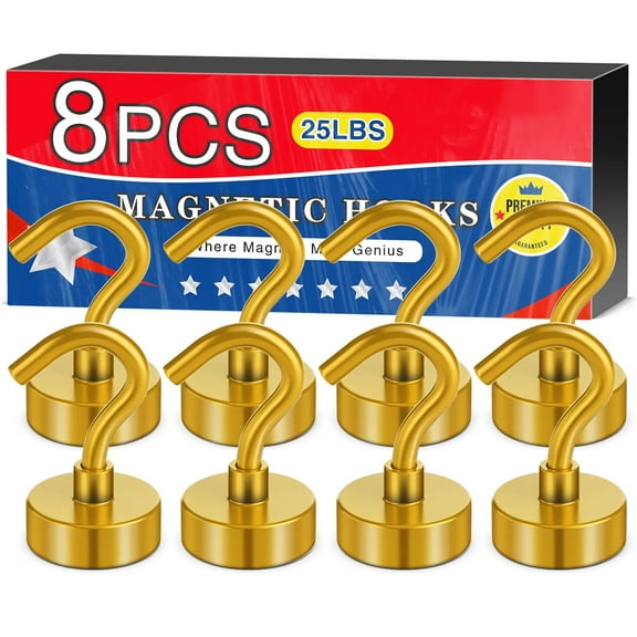Magnetic Hooks, Heavy Duty Magnets with Hook, 25lbs Magnetic Hooks for Hanging, Magnetic Cruise Hooks for Cabins, Lock Accessories, Home, Classroom (Gold, Pack of 8)