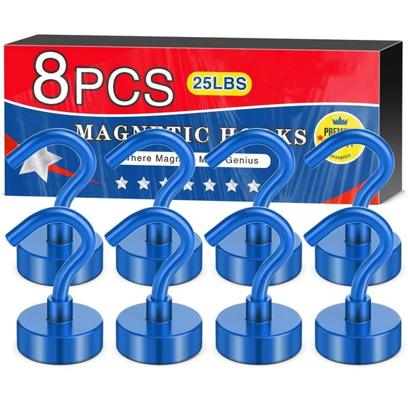 Magnetic Hooks, Heavy Duty Magnets with Hook, Strong Magnetic Hook Heay Duty for Cruise Cabins, Grill, Classroom, Garage (Blue, Pack of 8)