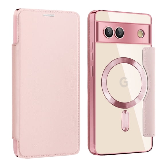 Wallet Case for Google Pixel 7A Back Clear Case Compatible with MagSafe,Magnetic Closure PU Leather Folio Case with RFID Blocking Card Slots Shockproof Full Body Phone Cover,Pink