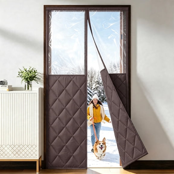 Magnetic Insulated Door Curtain Fits 34"x82" Doors - Thermal Door Cover for Winter with Clear Window, Window Insulation Kit & Doors Draft Stopper to Keep Cold Air Out for Front Doorway Home - Brown