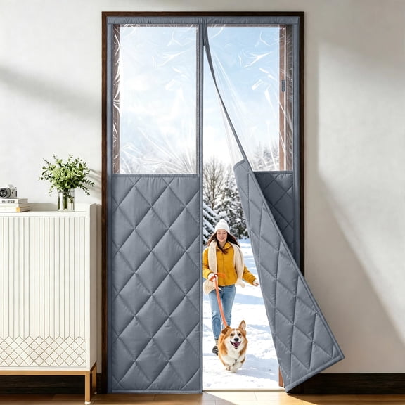 Magnetic Insulated Door Curtain Fits 36"x80" Doors - Thermal Door Cover for Winter with Clear Window, Window Insulation Kit & Doors Draft Stopper to Keep Cold Air Out for Front Doorway Home - Gray