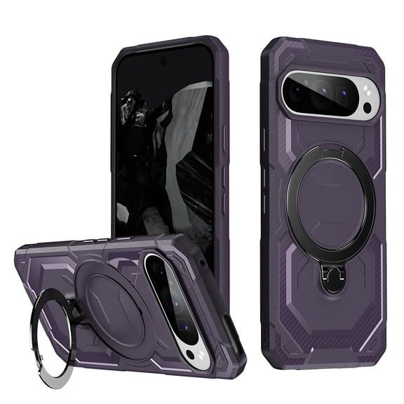 Magnetic Invisible 360° Rotatable Ring Kickstand for Google Pixel 9 / 9 Pro Phone Case,Compatible with MagSafe,Military-Grade Protection Shockproof Rugged Heavy Duty Phone Case Cover,Purple