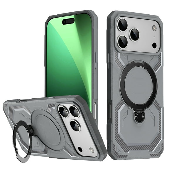 Magnetic Invisible 360° Rotatable Ring Kickstand for iPhone 17 Pro Max Phone Case,Compatible with MagSafe,Military-Grade Protection Shockproof Rugged Heavy Duty Phone Case Cover,Gray