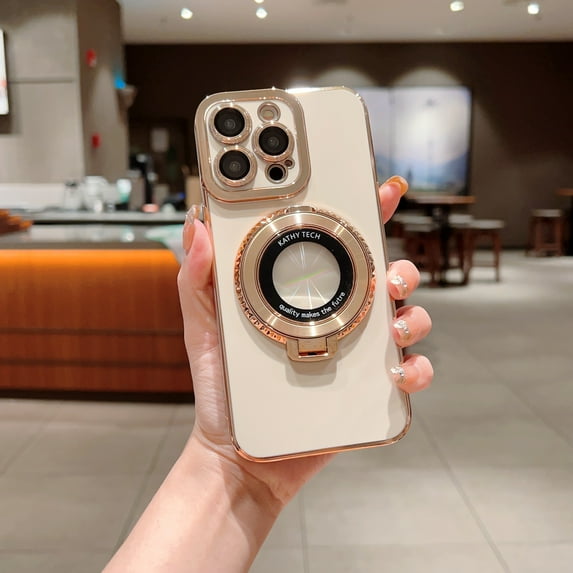 Magnetic Invisible Stand Case for iPhone 15, Compatible with MagSafe Built-in Camera Lens Protector Luxury Plating Shockproof Slim Thin Phone Case Cover for iPhone 15 - White