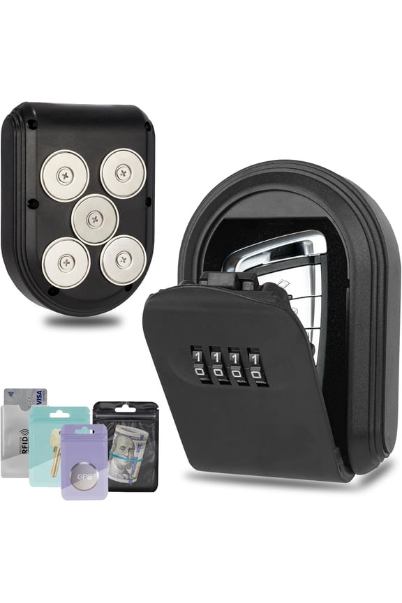 Magnetic Key Box for Under Car, Hide a Key Outside with Combination Lock Box, Resettable Safe Security Code Lockbox with 5 Strong Magnets, Anti-drop Magnetic Holder Under Car, Truck, Outdoor (Black)