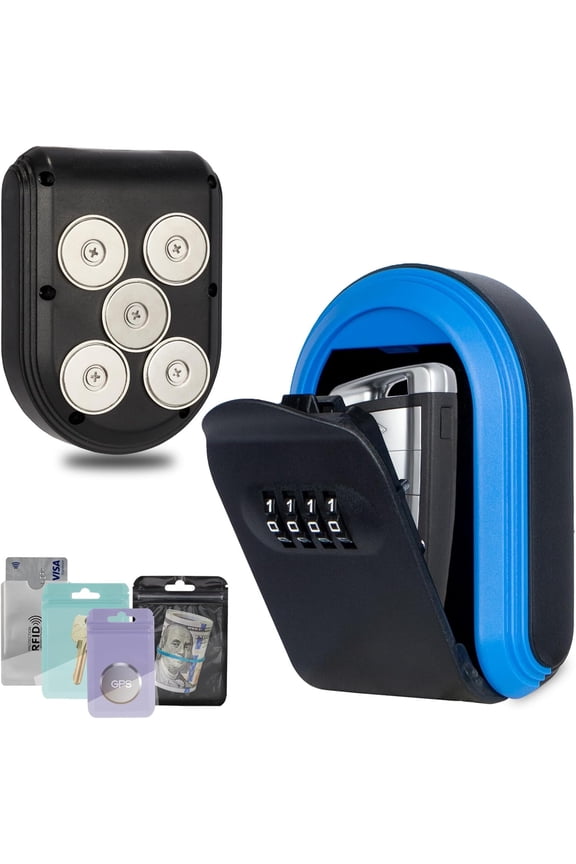 Magnetic Key Holder Under Car,Hide a Key Outside with Combination Lock box,Resettable Safe Security Code Lockbox with 5 Strong Magnets,Anti-drop Magnetic Box for Under Car,Indoor,Outdoor (Blue)
