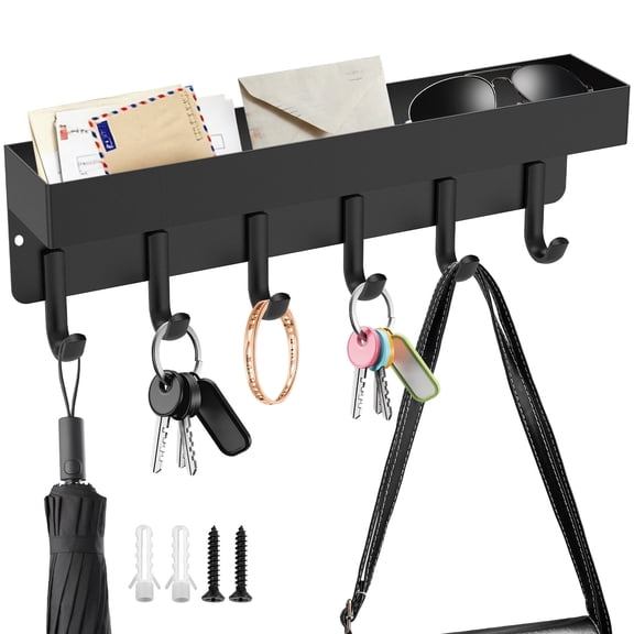 Magnetic Key Holder Small Durable Wall Mount Key Rack with Shelf for Fridge 6 Metal Hook 9.65 Inch 2 Installation Option Black Iron 10.02/3.73/2.16 inch