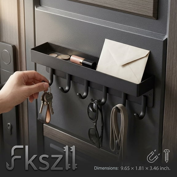 Magnetic Key Holder Small Wall Mount Key Rack with Shelf for Fridge 6 Metal Hook 9.65 Inch 2 Installation Option Black