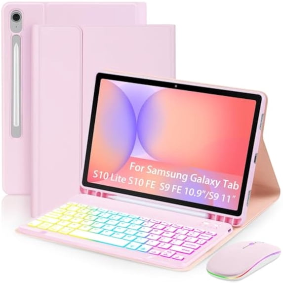Magnetic Keyboard Mouse Combo Case with RGB Backlight Keypad & Pen Slot for Samsung Tab S9 11", S9 FE 10.9", S10 Lite, S10 FE 5G,Pink