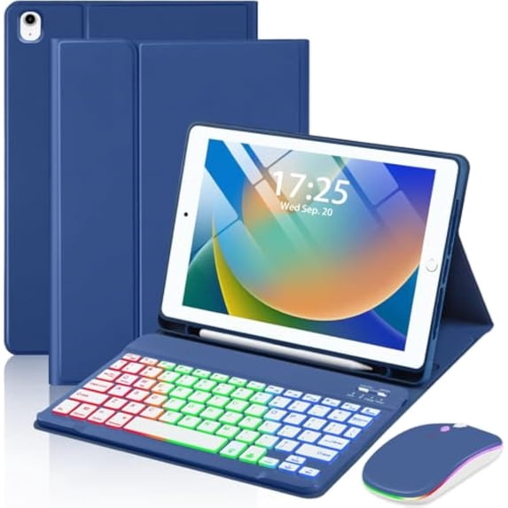 Magnetic Keyboard Mouse Combo Case with RGB Backlight Keypad & Stylus Slot for iPad 10.2" 7/8/9 Gen, Air 3, Pro 10.5",Navy Blue