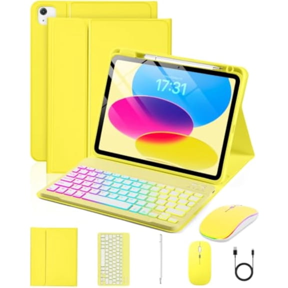 Magnetic Keyboard Mouse Combo Folio with RGB Backlight Keypad & Pen Slot for iPad 10 / iPad 11 A16, iPad Air 4 / Air 5, iPad Air 11 M2/M3/M4,Yellow
