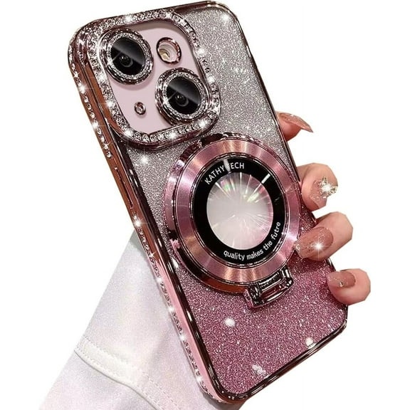 Magnetic Kickstand Glitter Case for iPhone 15,[Compatible with Magsafe] Luxury Bling Sparkly Diamond Rhinestone with Camera Lens Protector Soft TPU Women Girls Case for iPhone 15 6.1" (Pink)