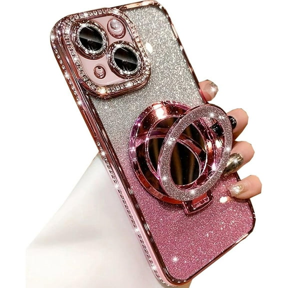 Magnetic Kickstand Glitter Case for iPhone 15,[Compatible with Magsafe] Luxury Bling Sparkly Rhinestones Diamond with Camera Protector & Makeup Mirror Women Girls Case for iPhone 15 6.1",Pink