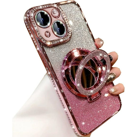 Magnetic Kickstand Glitter Case for iPhone 15 Plus, [Compatible with Magsafe] Bling Sparkly Rhinestone Diamond with Camera Protector Makeup Mirror Women Girls Case for iPhone 15 Plus (Pink)