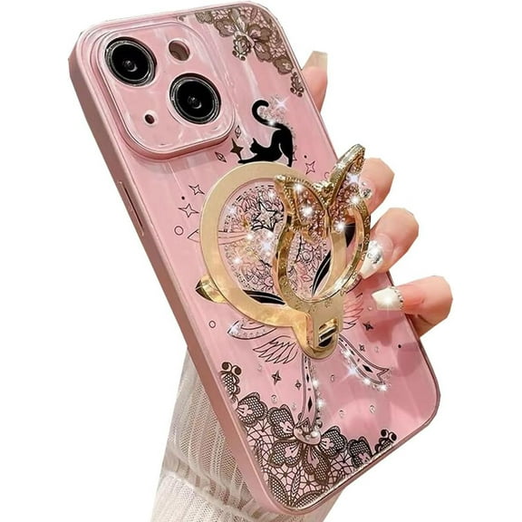 Magnetic Kickstand Glitter Case for iPhone 15 Plus, [Compatible with Magsafe] Cute 3D Bling Sparkle Rhinestone Butterfly Ring Stand Cat Lace Women Girls Phone Case for iPhone 15 Plus (Pink)