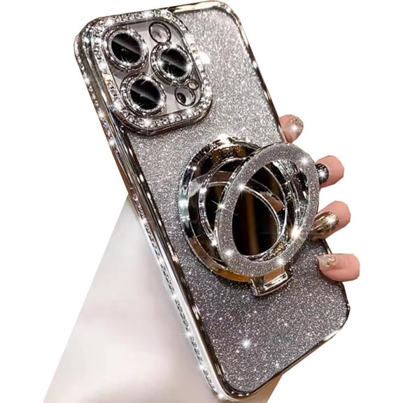 Magnetic Kickstand Glitter Case for iPhone 15 Pro Max,[Compatible with Magsafe] Bling Sparkly Rhinestones with Camera Protector & Makeup Mirror Women Girls Case for iPhone 15 Pro Max (Silver)