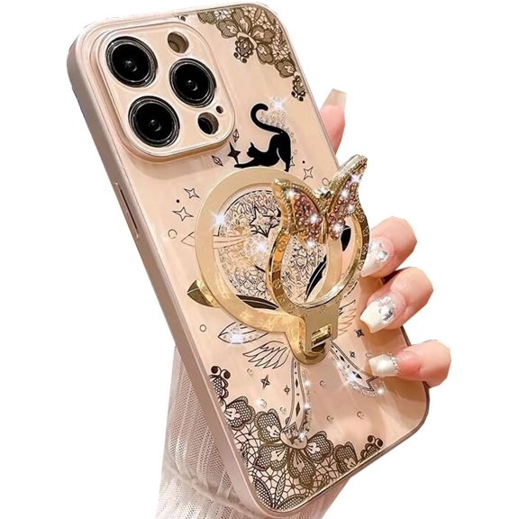 Magnetic Kickstand Glitter Case for iPhone 15 Pro Max,[Compatible with Magsafe] Cute 3D Bling Sparkle Rhinestone Butterfly Ring Stand Cat Lace Women Girls Case for iPhone 15 Pro Max 6.7",Gold