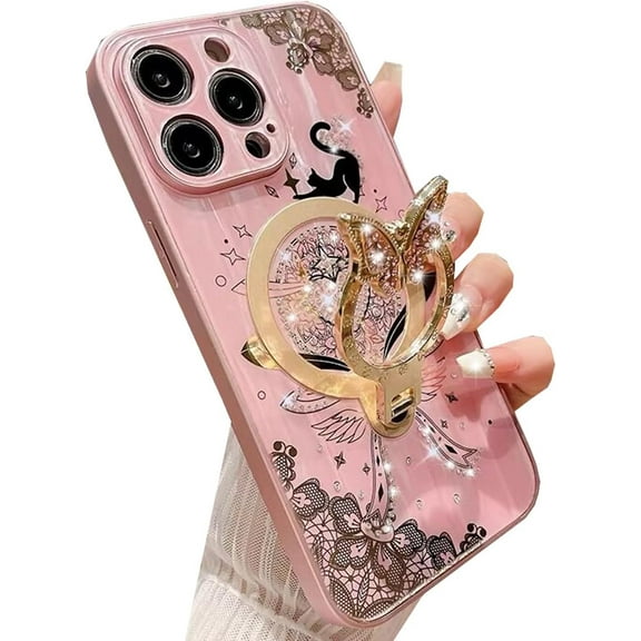 Magnetic Kickstand Glitter Case for iPhone 15 Pro Max,[Compatible with Magsafe] Cute 3D Bling Sparkle Rhinestone Butterfly Ring Stand Cat Lace Women Girls Case for iPhone 15 Pro Max 6.7",Gold