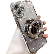 Magnetic Kickstand Glitter Case for iPhone 16,[Compatible with Magsafe] Bling Sparkly Rhinestone with Camera Protector Makeup Mirror Soft TPU Bumper Women Girls Case for iPhone 16 6.1",Silver