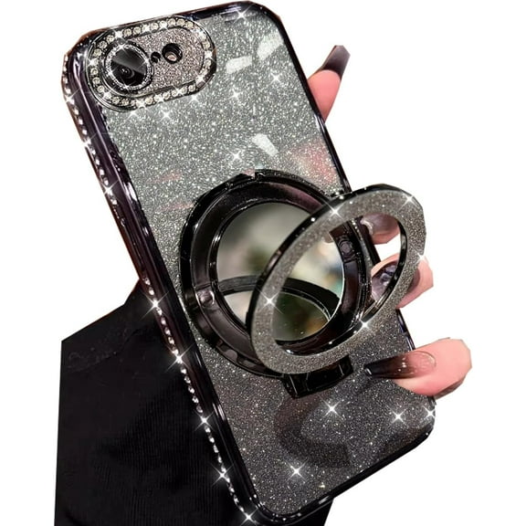 Magnetic Kickstand Glitter Case for iPhone 16e,[Compatible with Magsafe] Luxury Bling Sparkly Rhinestones with Camera Protector & Makeup Mirror Women Girls Case for iPhone 16e 6.1" 2025,Black