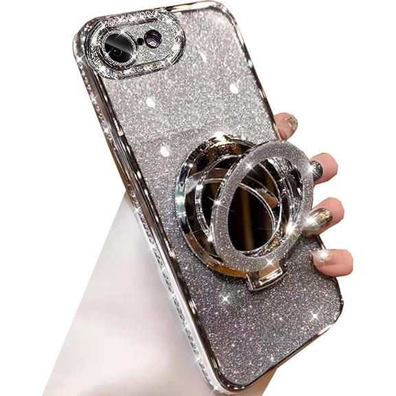Magnetic Kickstand Glitter Case for iPhone 16e,[Compatible with Magsafe] Luxury Bling Sparkly Rhinestones with Camera Protector& Makeup Mirror Women Girls Case for iPhone 16e 6.1" 2025,Silver