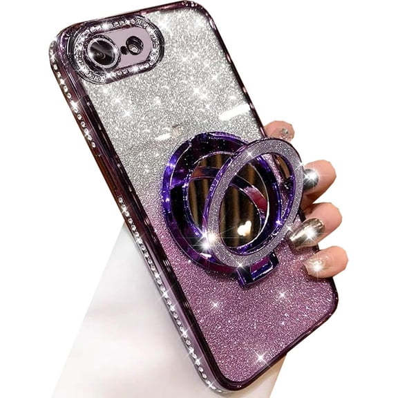 Magnetic Kickstand Glitter Case for iPhone 16e,[Compatible with Magsafe] Luxury Bling Sparkly Rhinestones with Camera Protector &Makeup Mirror Women Girls Case for iPhone 16e 6.1" 2025,Purple