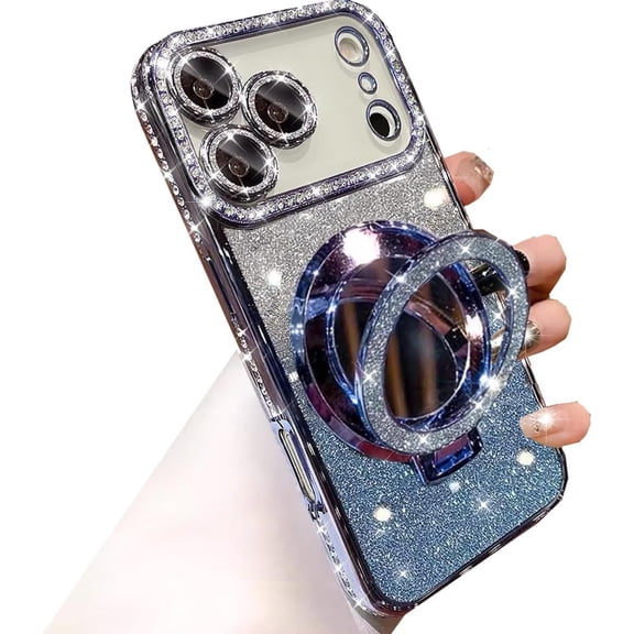 Magnetic Kickstand Glitter Case for iPhone 17 Pro,[Compatible with Magsafe] Cute Bling Sparkly Rhinestone with Camera Lens Protector&Makeup Mirror Women Girls Case for iPhone 17 Pro 6.3",Blue