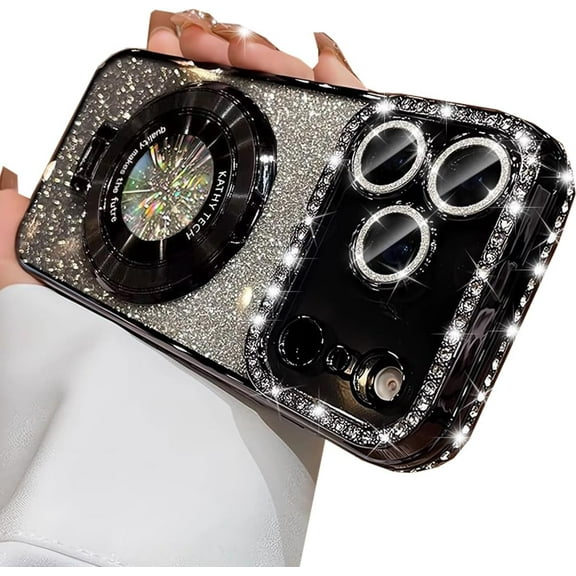 Magnetic Kickstand Glitter Case for iPhone 17 Pro Max,[Compatible with Magsafe] Cute Bling Sparkly Diamond Rhinestones with Camera Protector Women Girls Case for iPhone 17 Pro Max 6.9", Black