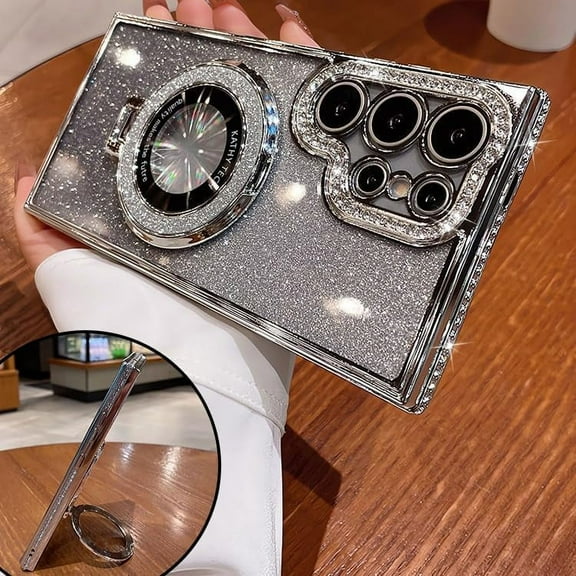 Magnetic Kickstand (Glitter Diamond Bumper ) Case for Samsung Galaxy S24 S23 S22 Ultra Plus (Compatible with Magsafe ) Sparkling Cover Glitter Shiny Rhinestone Cases (Silver,for Galaxy S23)