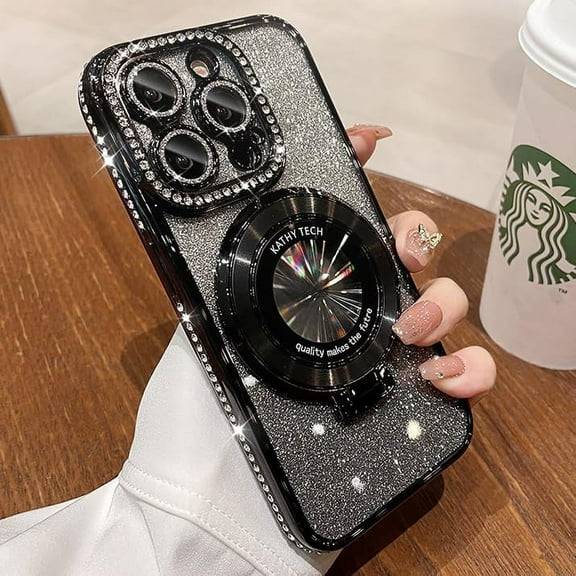 Magnetic Kickstand {Glitter Lens Protector } Case for IPhone 13 Pro Max {Compatible with Magsafe } { Bling Diamond } Cover Sparkly Shiny Rhinestone Glitter Cases for Iphone13proMax 6.7inch (Black)