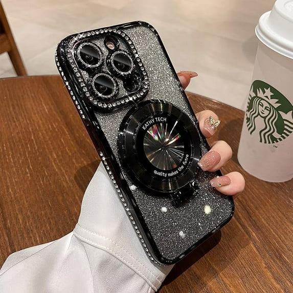 Magnetic Kickstand (Glitter Lens Protector ) Case for IPhone 15 14 13 12 Pro Max (Compatible with Magsafe ) Sparkling Diamond Cover Glitter Shiny Rhinestone Cases (Black,for iPhone 12)